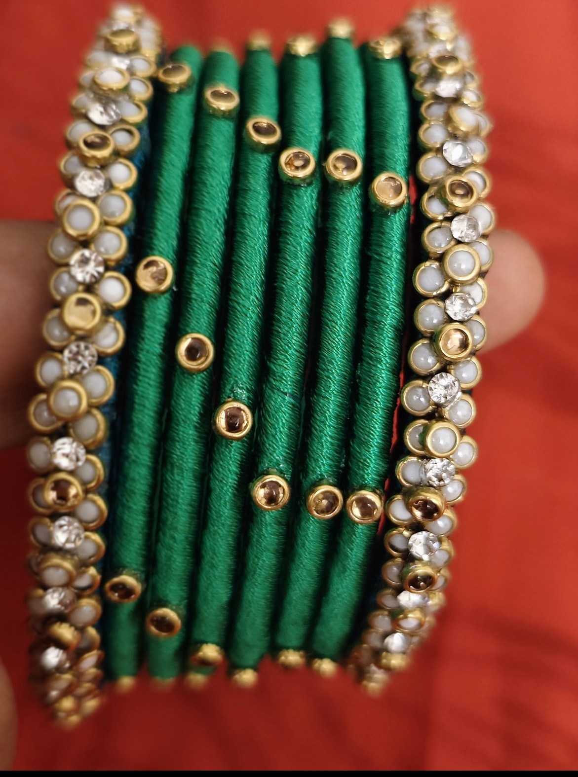 white green pearl 14 bangles set