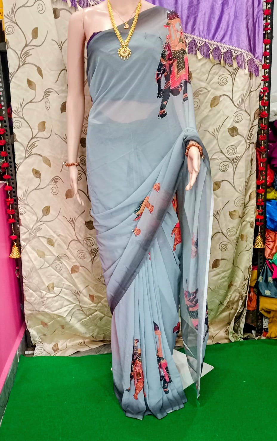 pure Georgette saree with blouse also available trendy elephant design at soft and smooth cloth