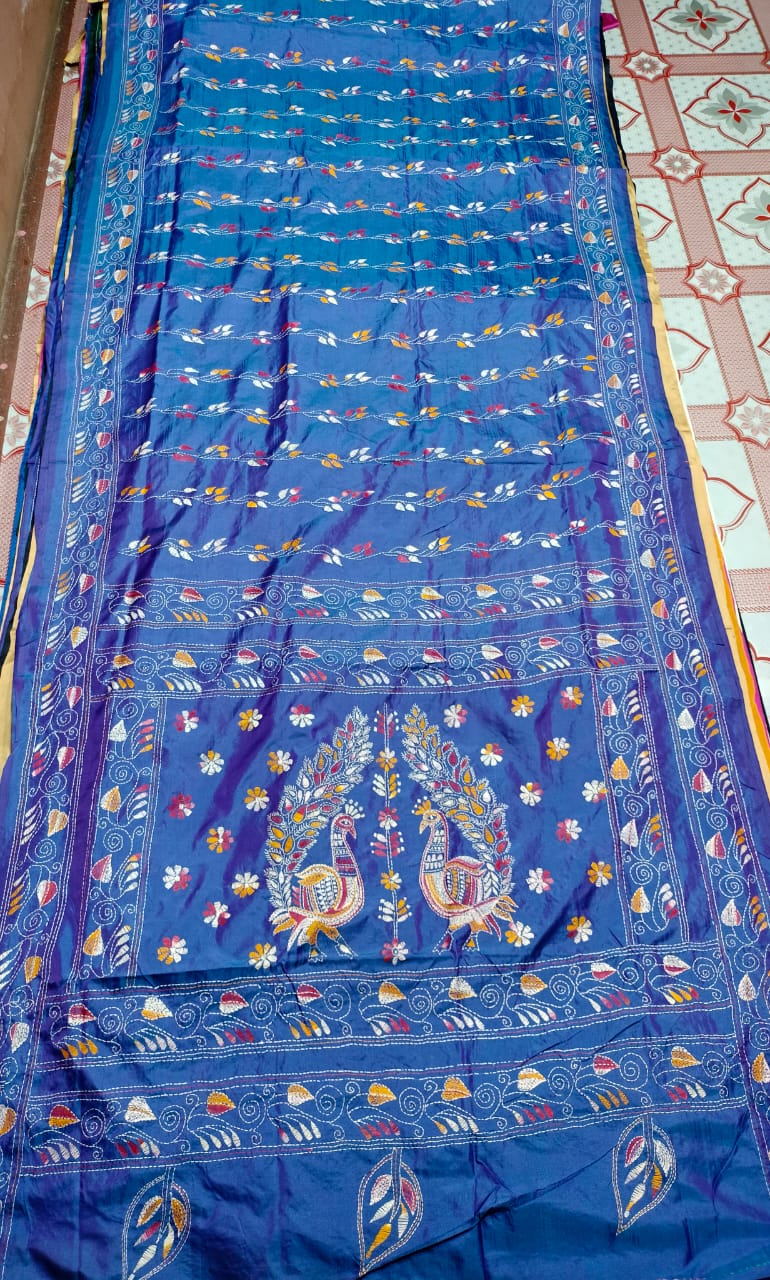 Blended Banglore silk kantha work saree with 1 mtr blouse. soft and Good Quality Hand work free shipping