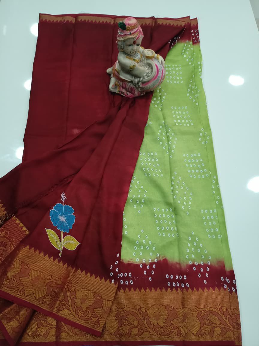 Mangalagiri pattu saree bandhini print , contrast blouse
