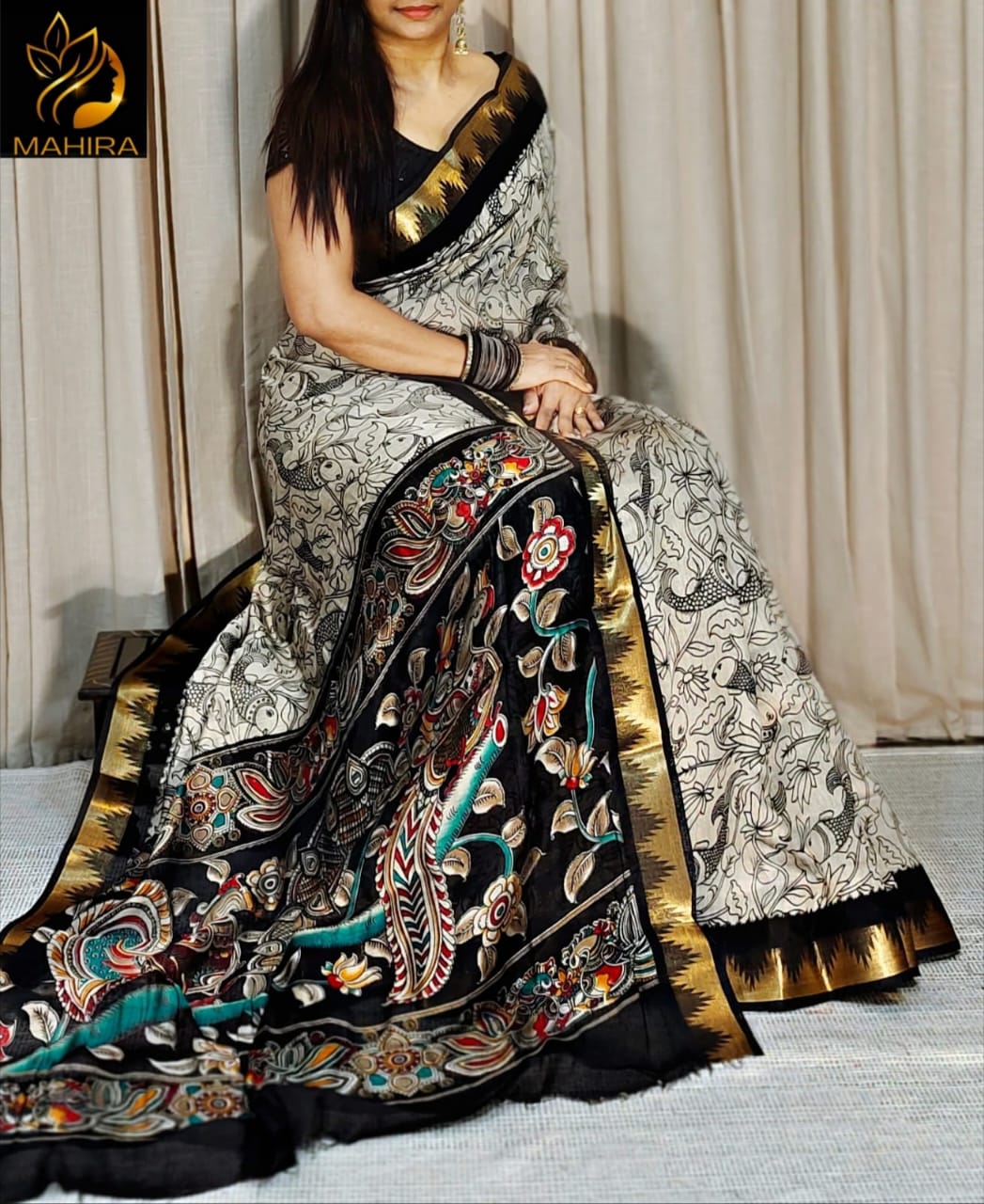 MAHIRA Beautiful mangalagiri sarees with all over fish pattern along with temple weaving border Kalamkari pallu Blouse as in pic : shipping charge also