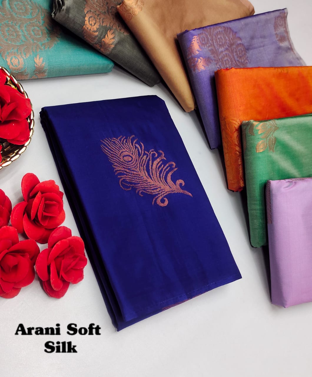 Arani special soft silk sarees _Zari Buttas weaving.._ _Contrast blouse.._ _Zari weaving Grand pallu.._ _shipping extra._ _Texture: very soft.._ _Excellent quality.._ _Ready Stock.._ Note All photos are original picture of the saree..