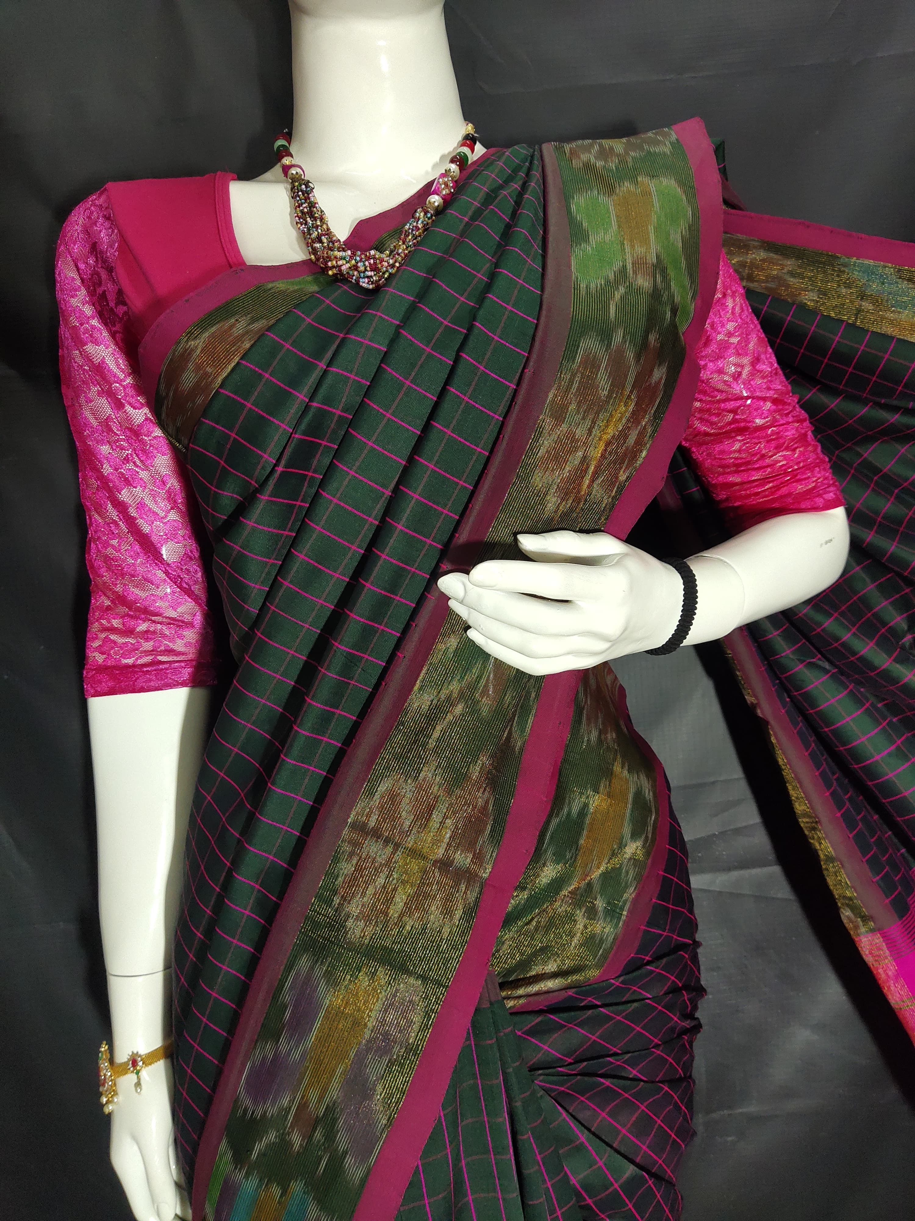 Tripura SilkMahanati checks 2 sides pochampalli border sarees Contrast Pallu & blouse