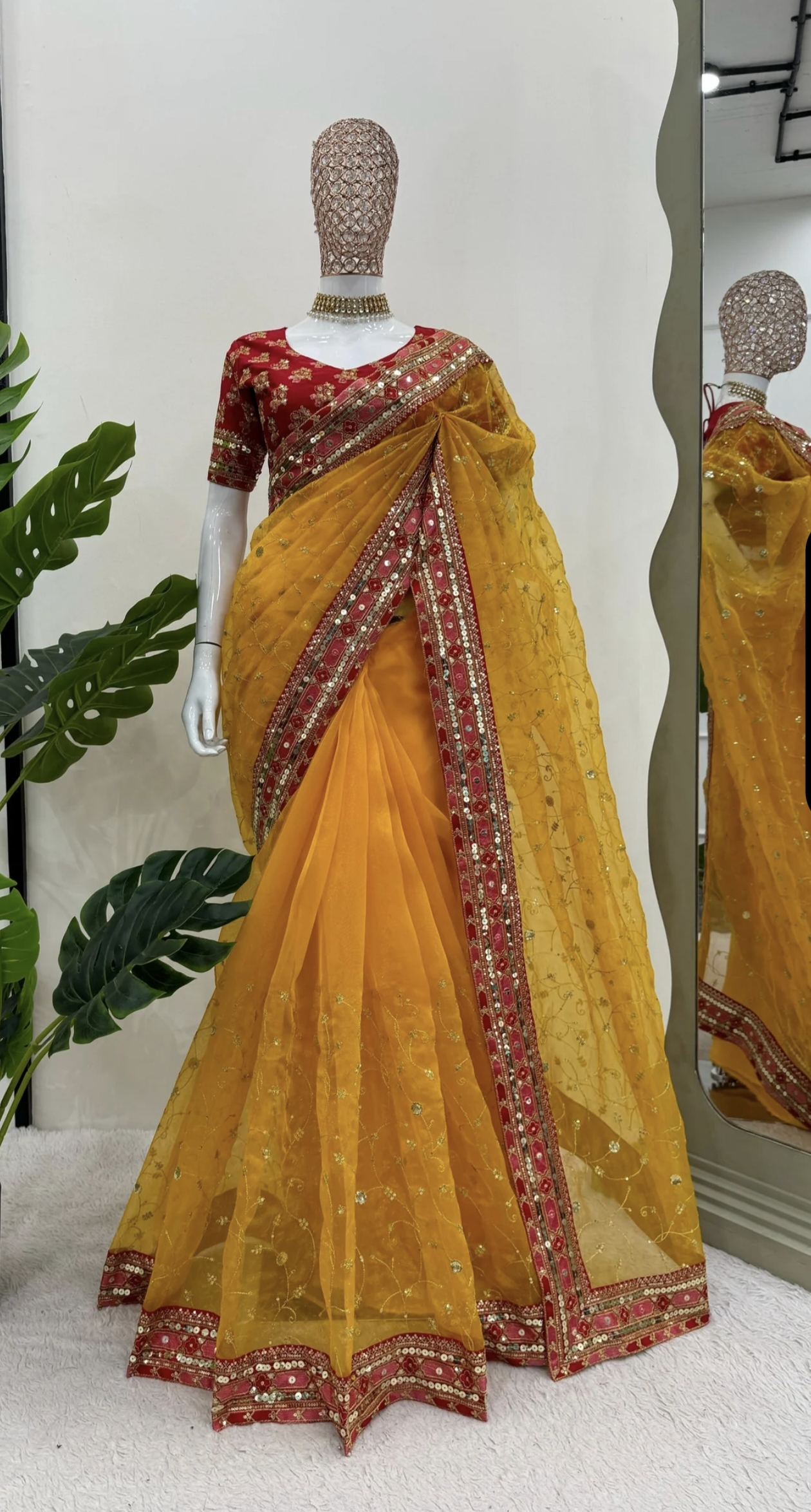 Ready to wear yellow Net Saree with Red Blouse