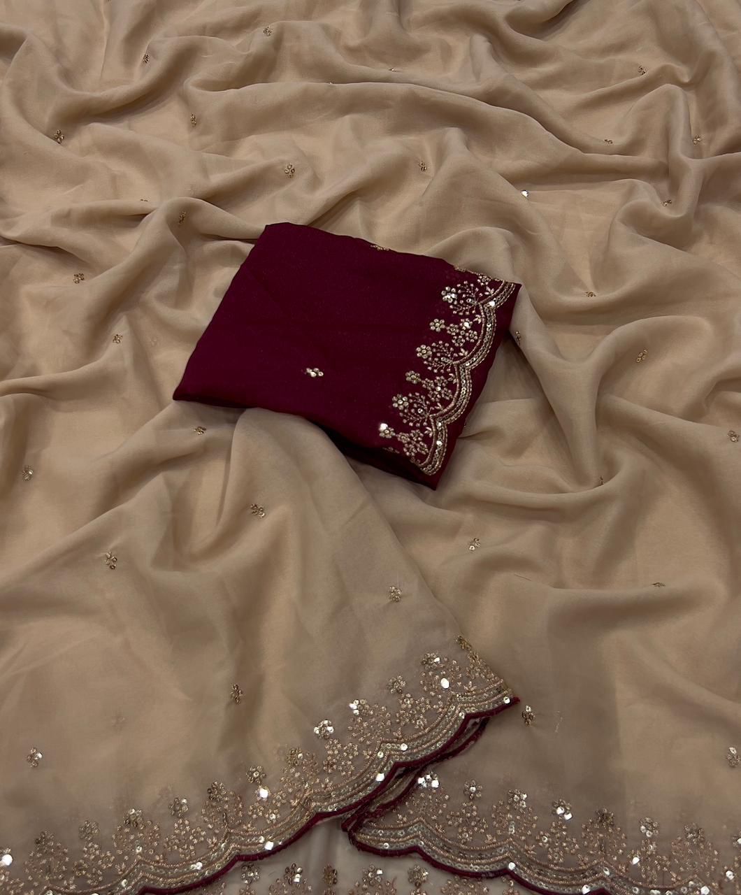 Star Georgette Multi Sequence Emrodairy Work Saree With Running Blouse