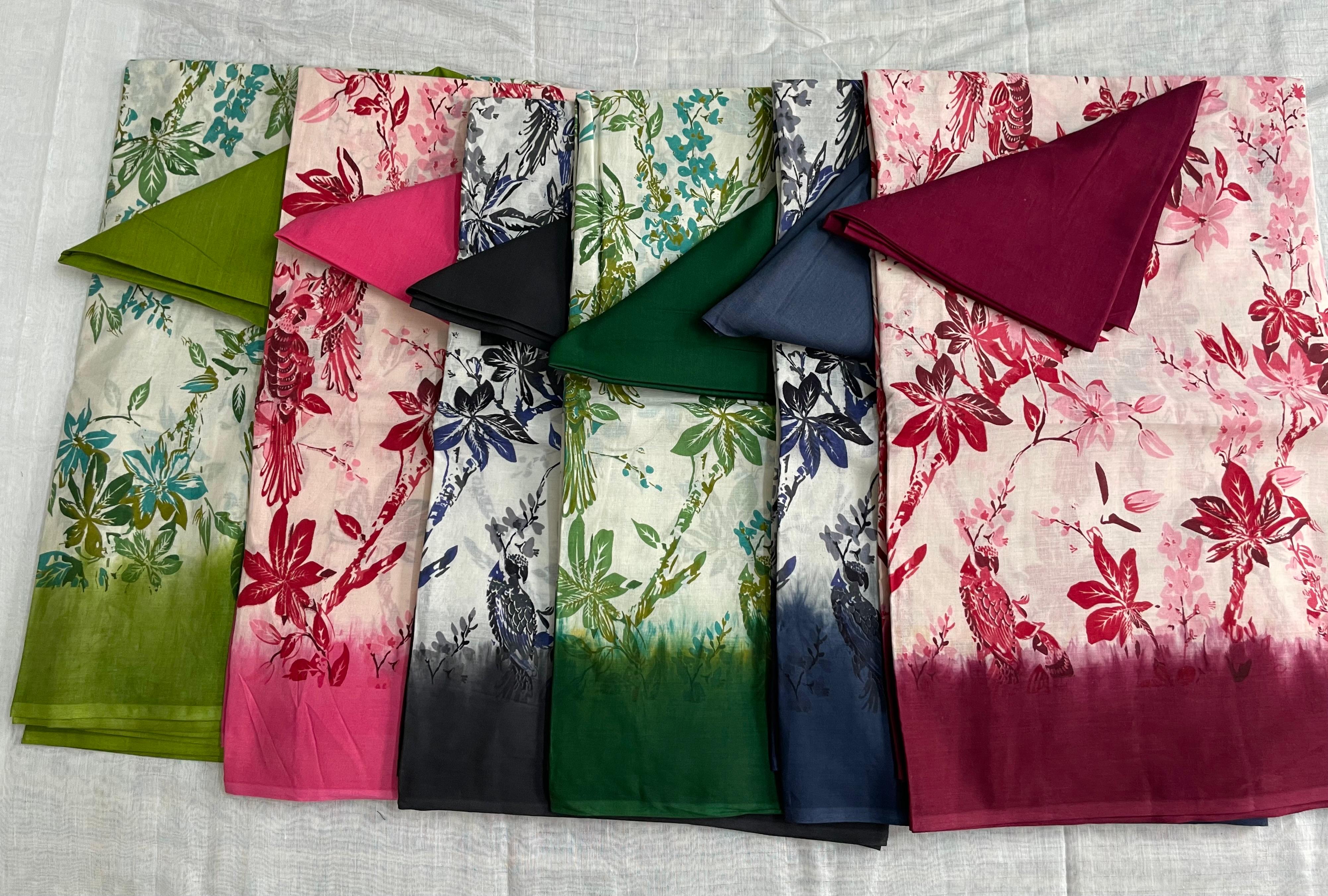 Bright Malai Cotton Saree with Floral Prints Bring freshness to your wardrobe with this printed Malai cotton saree, featuring subtle floral patterns and a contrast border. Perfect for young and trendy looks. Low-maintenance fabric ,Stylish & affordable ,Includes blouse.