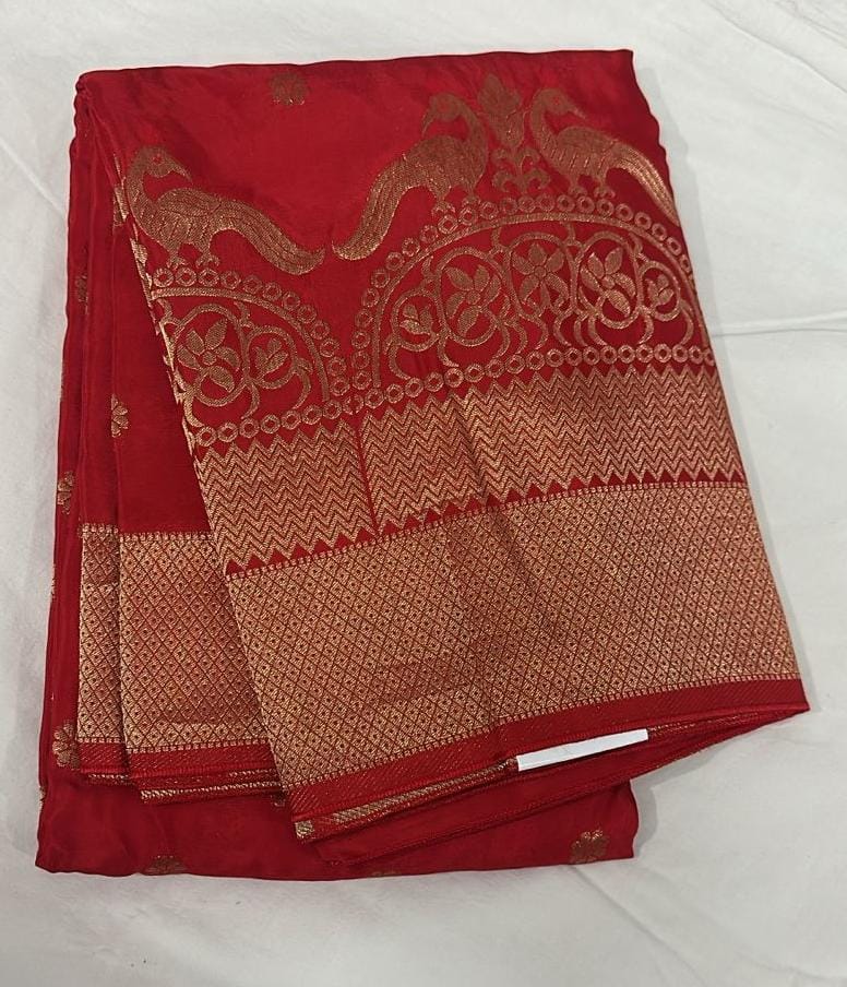 Banaras crep,Red colour gold zari border, with blouse same colour